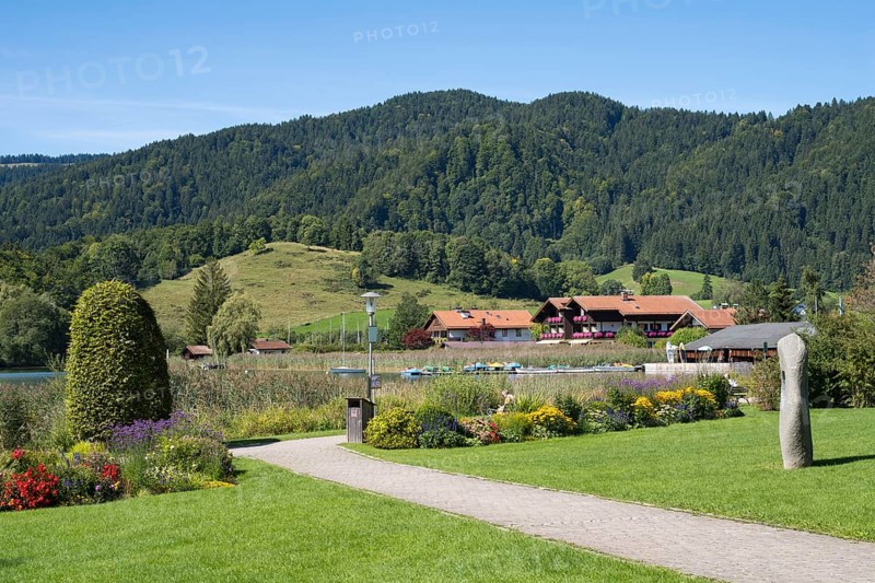 View from the spa park to the lake and district of Freudenberg, Schliersee, Upper Bavaria, Bavaria, Germany