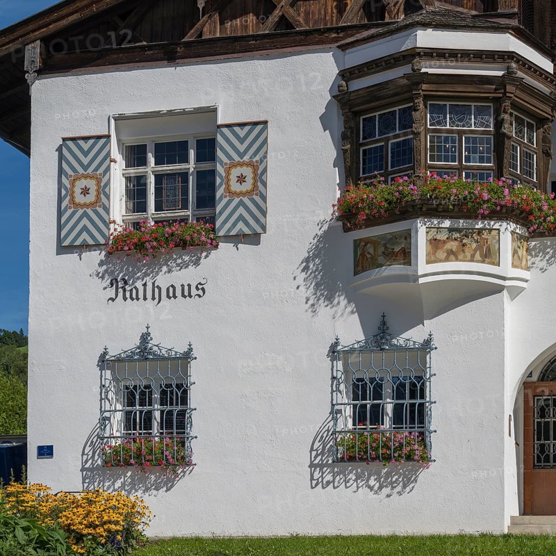 Town Hall, detail of the façade, Schliersee, Upper Bavaria, Bavaria, Germany