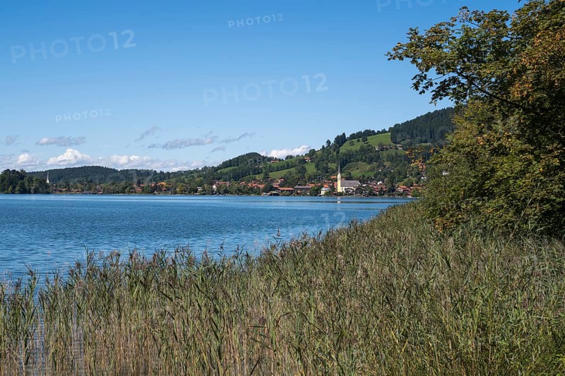 Landscape at Schliersee, St. Sixtus church, town view, Schliersee, Mangfall Mountains, Upper Bavaria, Bavaria, Germany