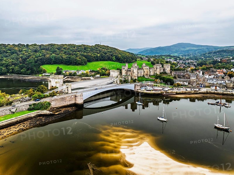 Conwy Castle over River Convy from a drone, Convy, North Wales, England, United Kingdom