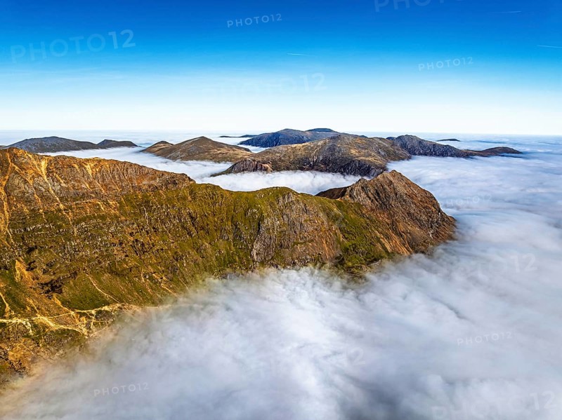 Snowdon Massif from a drone, Snowdon Range, Snowdonia, North Wales, UK