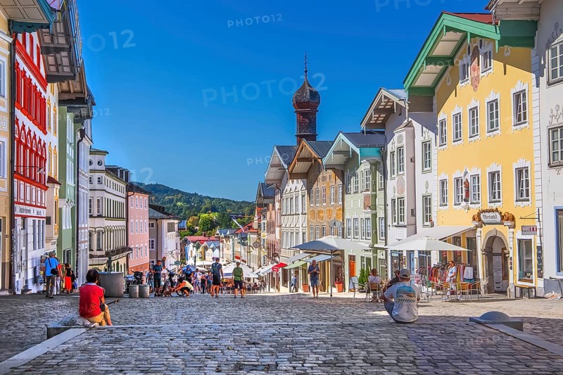 Historic market street with typical gabled houses, Bad Tölz. Isartal, Upper Bavaria, Bavaria, Germany