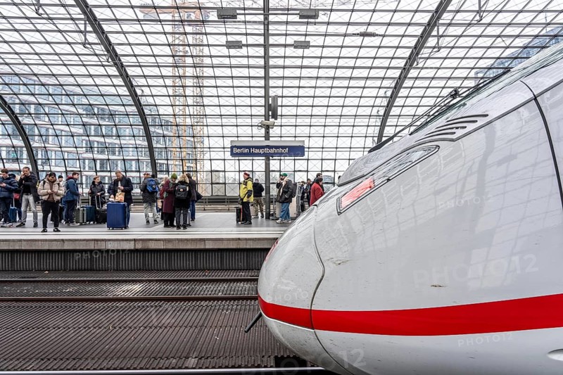 Central Station in Berlin, passengers on the platform, ICE train arrives, Germany