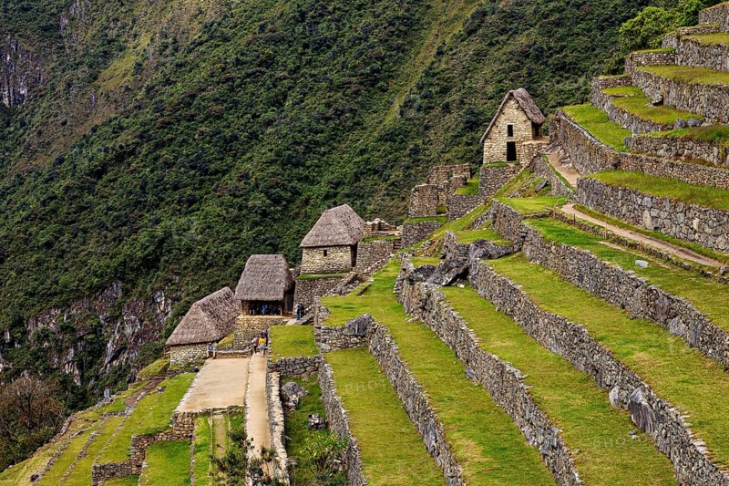 Older stone houses and terraces in the green mountain terrain of Machu Picchu, The ruins of the Inca city of Machu Picchu in Peru
