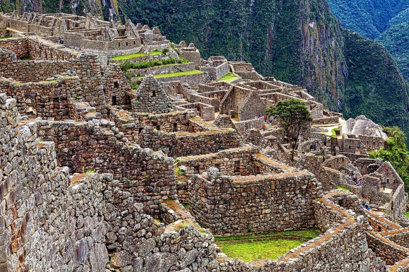 Complex arrangement of Machu Picchu stone terraces and structures, The ruins of the Inca city of Machu Picchu in Peru