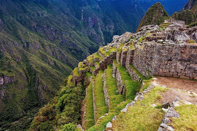 Machu Picchu terraces along a steep mountain flank in lush nature, The ruins of the Inca city of Machu Picchu in Peru