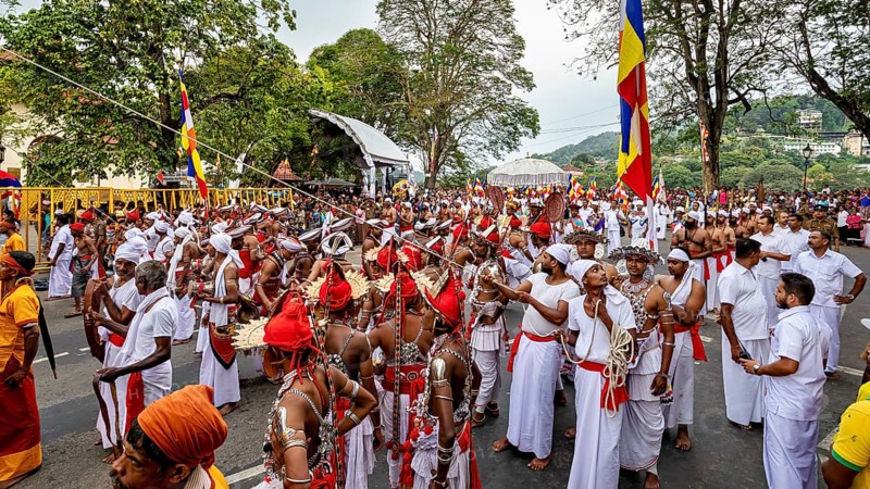 Dancers in traditional costumes and a large crowd celebrate with colorful flags outdoors, The Perahera Parade in Kandy Sri Lanka