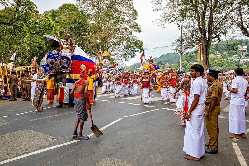 Parade with a decorated elephant, drummers and festival goers, The Perahera Parade in Kandy Sri Lanka