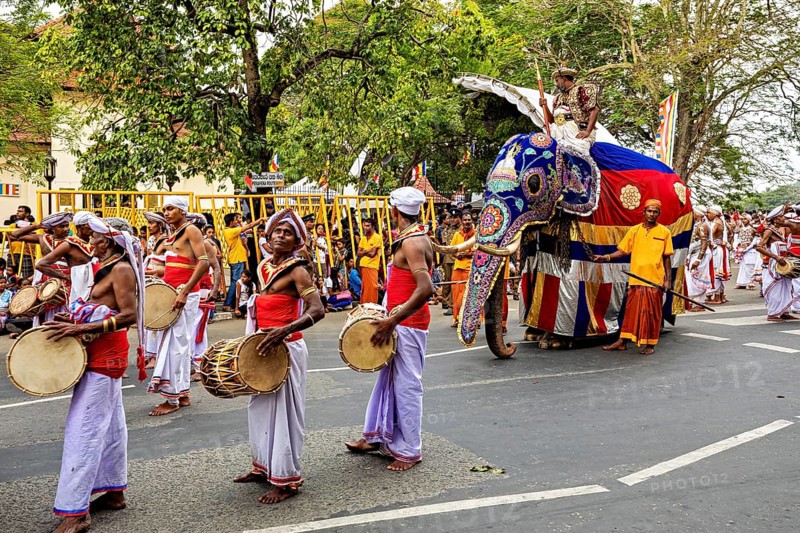 Festive parade with drummers and a magnificently decorated elephant, The Perahera Parade in Kandy Sri Lanka