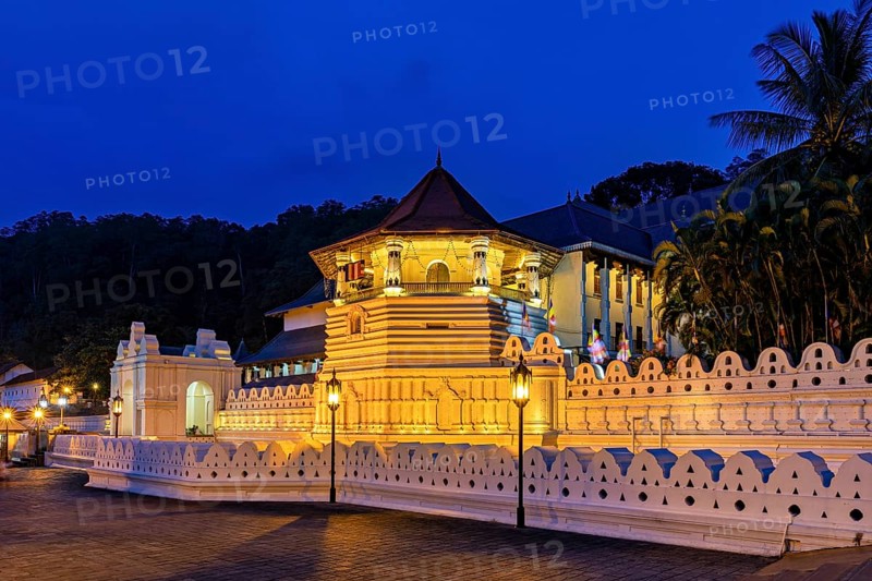 Historic building illuminated in the dark with surrounding vegetation, The Temple of the Tooth in Kandy Sri Lanka
