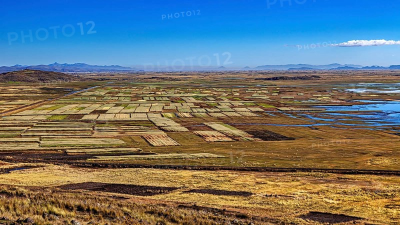 Extensive fields and water areas under a clear blue sky, the landscape in the highlands of Peru