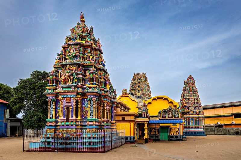Magnificent exterior view of a Hindu temple with intricate carvings, The Sri Pathrakali Amman Trincomalee in Sri Lanka