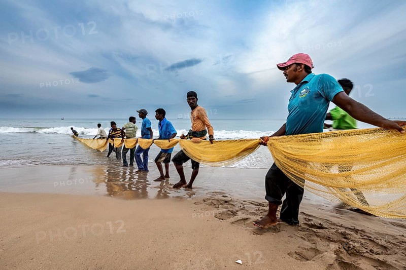 Fishing community draws a long net from the sea, focus on teamwork, traditional fishermen on Trincomalee beach in Sri Lanka