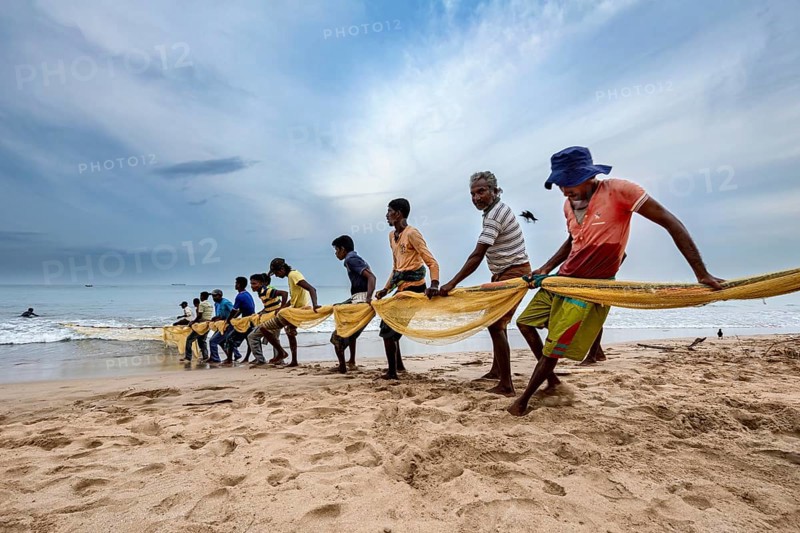 Men on the coast pull a large net while standing in a line, traditional fishermen on Trincomalee beach in Sri Lanka