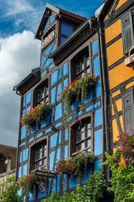 Decorated timber-frame house in the historic old town of Riquewihr, Ellsass