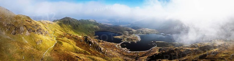 Pyg Track over Llyn Llydaw lake from a drone, Pen-y-Pass, mountain pass, Snowdonia, Gwynedd, north-west Wales, UK