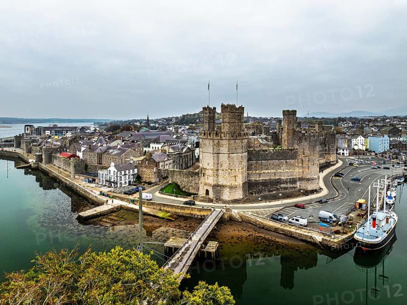 Caernarfon Castle from a drone, Caernarfon, Gwynedd, North-West Wales, UK