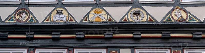 Decoration on half-timbered house, Barfüsserstraße, Marburg, Hesse, Germany
