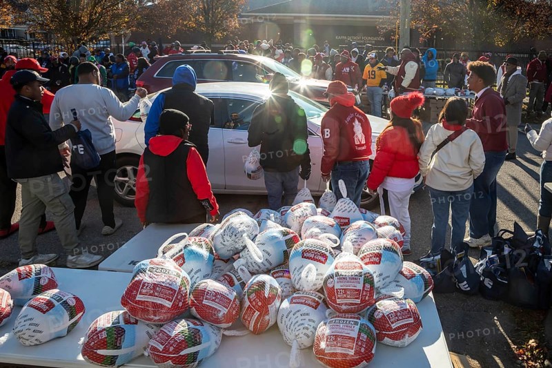 Detroit, Michigan, USA - 22 November 2025 - The Kappa Detroit Foundation distributed frozen turkeys and bags of food for Thanksgiving. The distribution was done by members of the Kappa Alpha Psi Fraternity and members of other African-American fraternities and sororities
