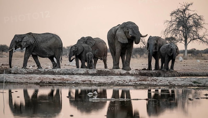 Animal family with baby elephant, African elephants (Loxodonta africana), drinking at the waterhole, dramatic reflection in the water, Nxai Pan National Park, Botswana