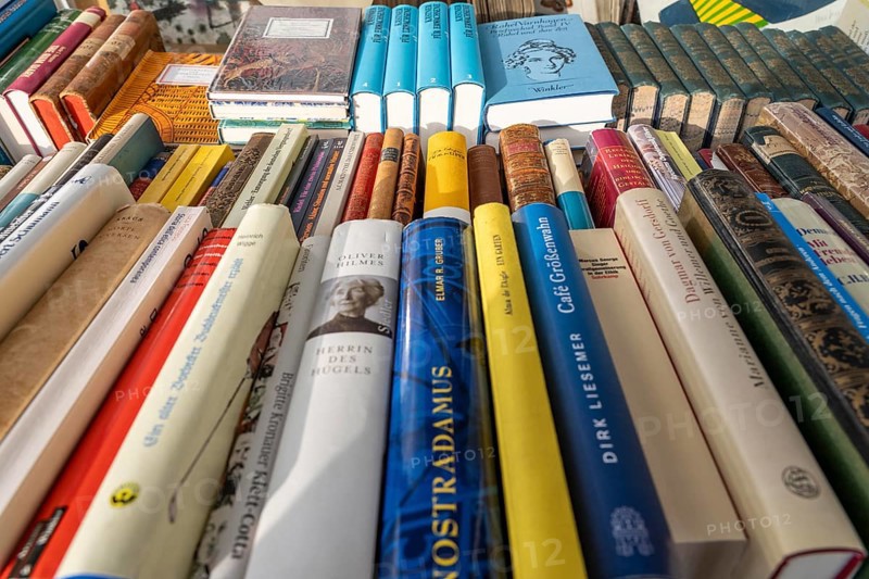 Table with partly old books, offered by a second-hand bookshop