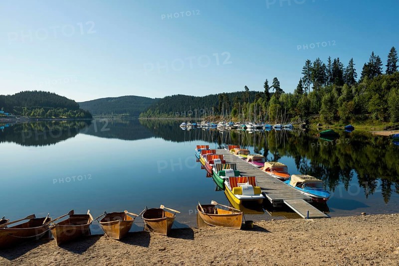 Morning atmosphere with colorful paddle boats and rowing boats, Schluchsee, Black Forest, Southern Black Forest, Baden-Württemberg, Germany