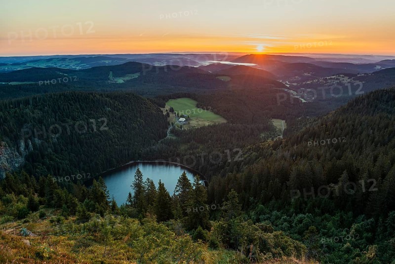 View from Feldberg to Feldsee looking east, sunrise, Black Forest, Southern Black Forest, Baden-Württemberg, Germany