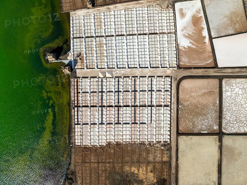 Salt mining plant, Salinas de Janubio, top-down, near Yaiza, drone shot, Lanzarote, Canary Islands, Spain
