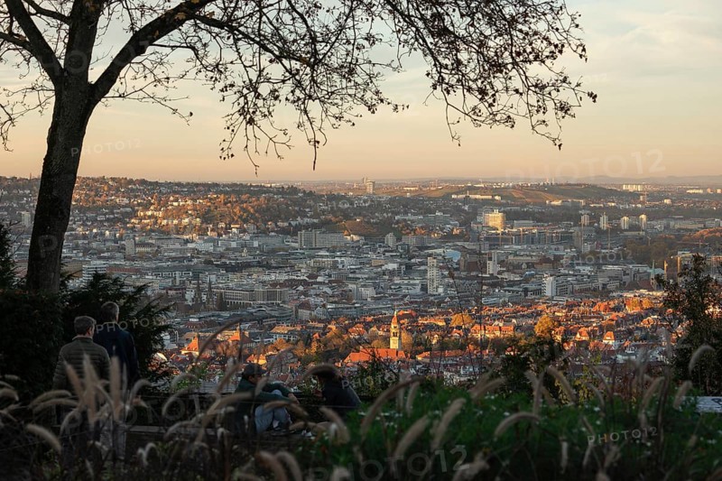 View of the city center in warm sunset light from Santiago de Chile Platz Stuttgart, Germany