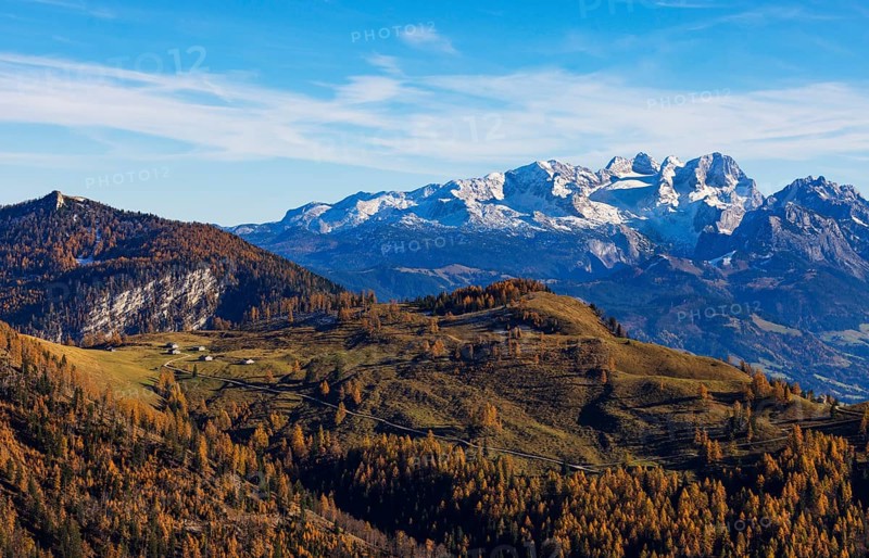 Alpbichlalm with Dachstein massif, autumn, Osterhorn Group, Salzkammergut, Province of Salzburg, Austria