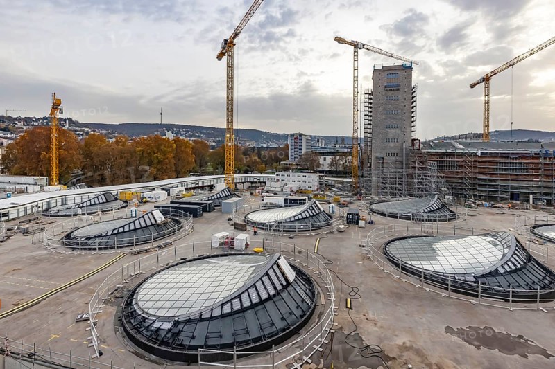 Stuttgart Central Station. Stuttgart 21 construction site. The new transit station is being built here. Light eyes on the roof of the new train station. Bonatz building. Stuttgart, Baden-Württemberg, Germany