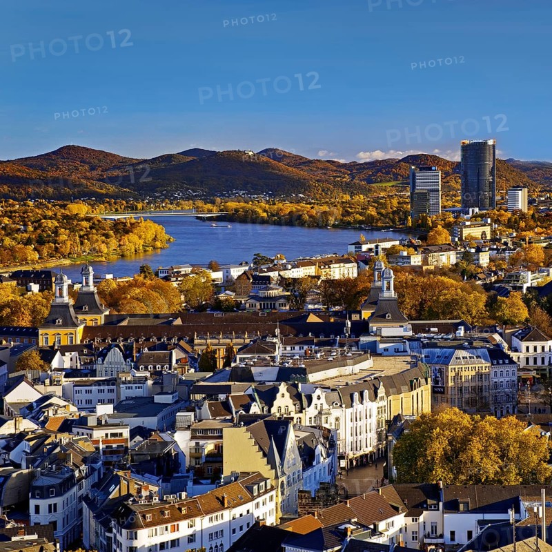 Autumn panoramic view from the town house of Bonn Minster, the Post Tower, the Rhine and the Siebengebirge, Bonn, North Rhine-Westphalia, Germany