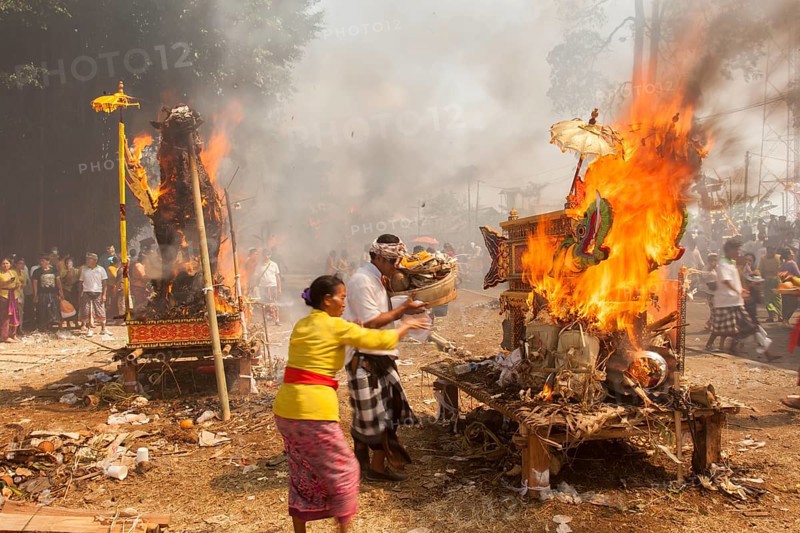 The coffins are incinerated during a corpse cremation (Ngaben) Gianyar, Bali, Indonesia