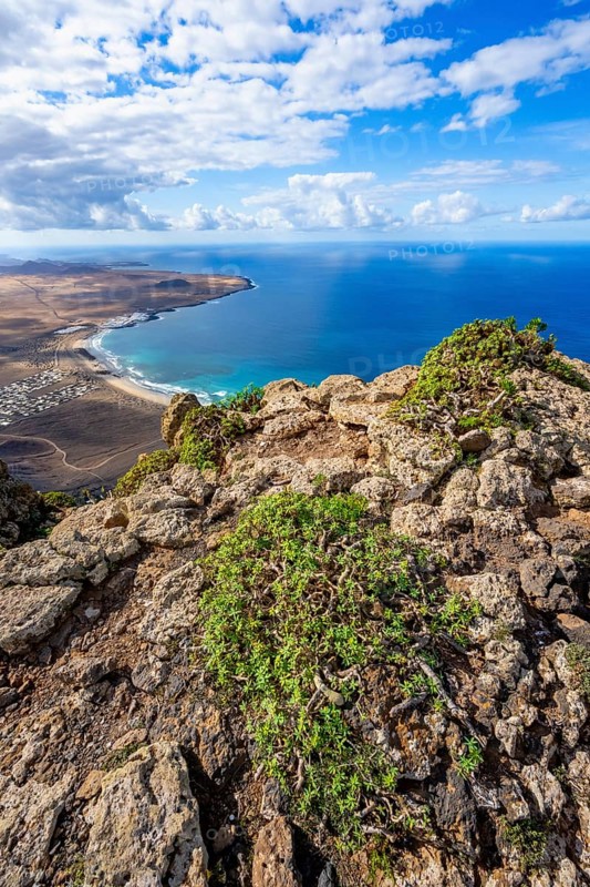 Castillejo viewpoint, view from the Risco de Famara cliffs to the coast and the sea with the Famara beach, Playa de Famara, Lanzarote, Canary Islands, Spain