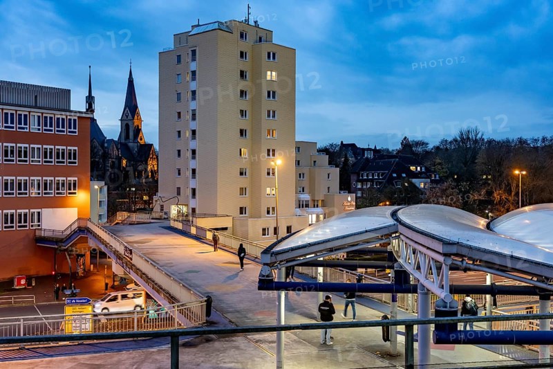 Skyline of Essen-Steele, high-rise building of the Kaiser-Otto-Residenz seniors residence, St. Lawrence, roof of the S-Bahn and bus station, public transport hub Steeler Platz, Essen North Rhine-Westphalia, Germany