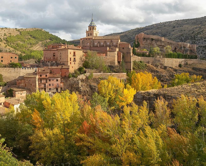 Historic buildings on hillside medieval village of Albarracin, Teruel province, Aragon, Spain