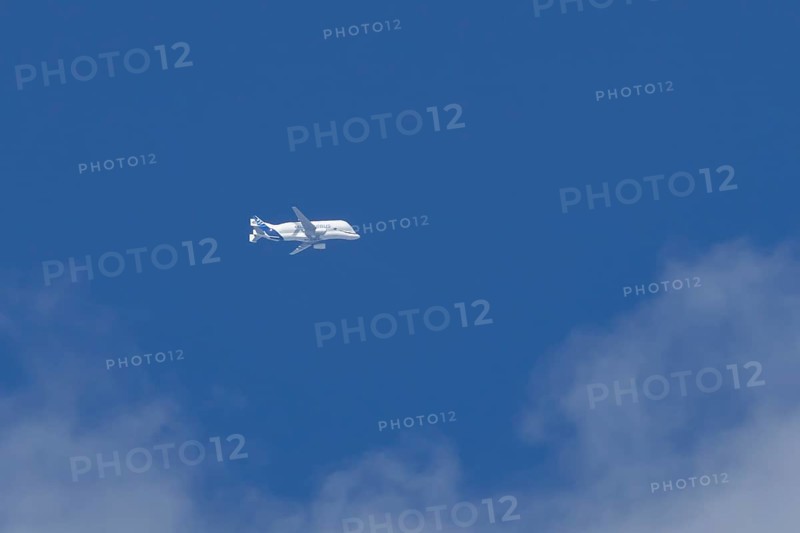 Airbus A330-743L Beluga XL cargo jet aircraft flying in a blue sky with white clouds, England, United Kingdom