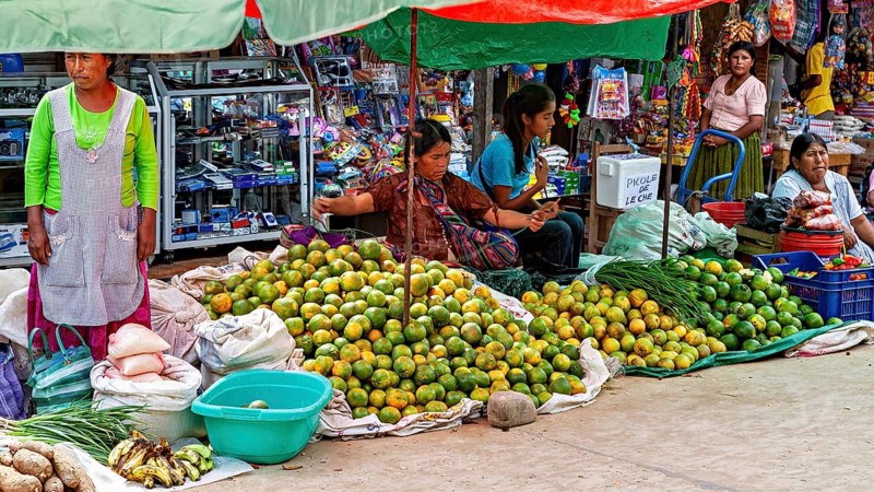 Women sell fruit at a colorful market stall full of fresh goods, The Rurrenabaque market in the Amazon jungle rainforest in Bolivia