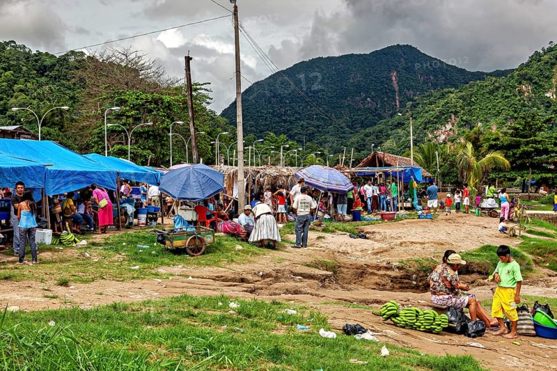 Outdoor market in front of a mountain landscape, with stalls and people under blue tarpaulins, The market of Rurrenabaque in the Amazon jungle rainforest in Bolivia