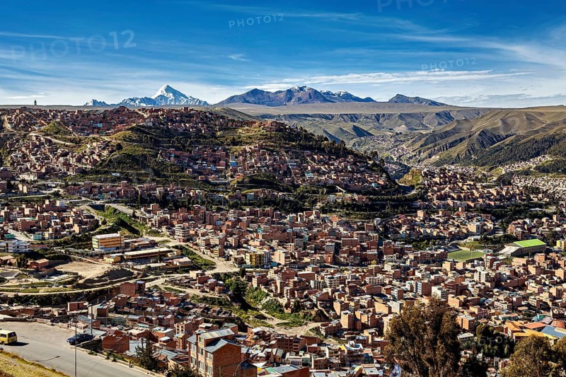 Scenic view of a city with surrounding mountains, the city of La Paz in Bolivia