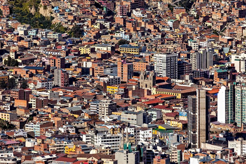 Dense urban development with mixed historic and modern architecture, the city of La Paz in Bolivia