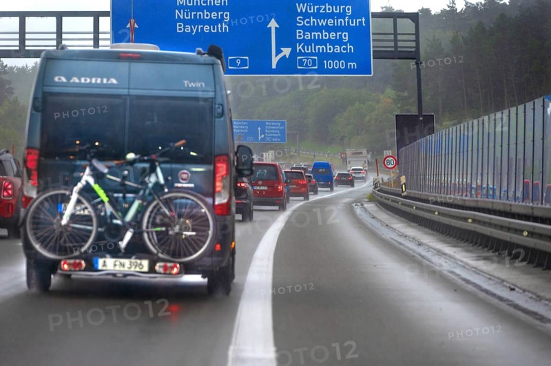 Traffic jam on the A9 motorway, a noise barrier on the right, Hof, Upper Franconia, Bavaria, Germany