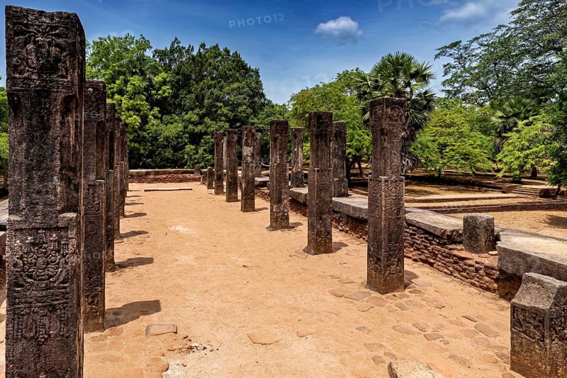 Row of open-air stone pillars on a sunny brick path with trees, The temples of Polonnaruwa in Sri Lanka
