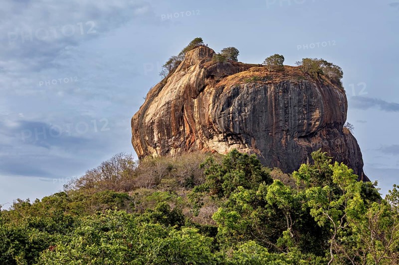 A large rock formation with trees at the top rises above lush greenery under a cloudy sky, The Lion Rock Rock near Sigiriya in Sri Lanka