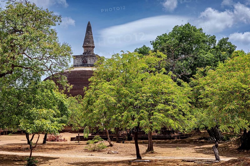 Stupa behind lush green trees on a clear day, The temples of Polonnaruwa in Sri Lanka