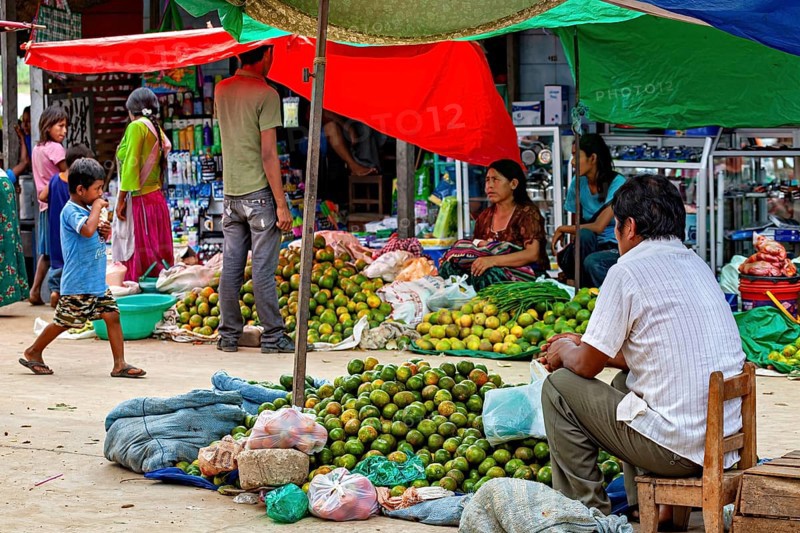 People trade vividly under colorful tents in a market full of fruit, The Rurrenabaque market in Bolivia