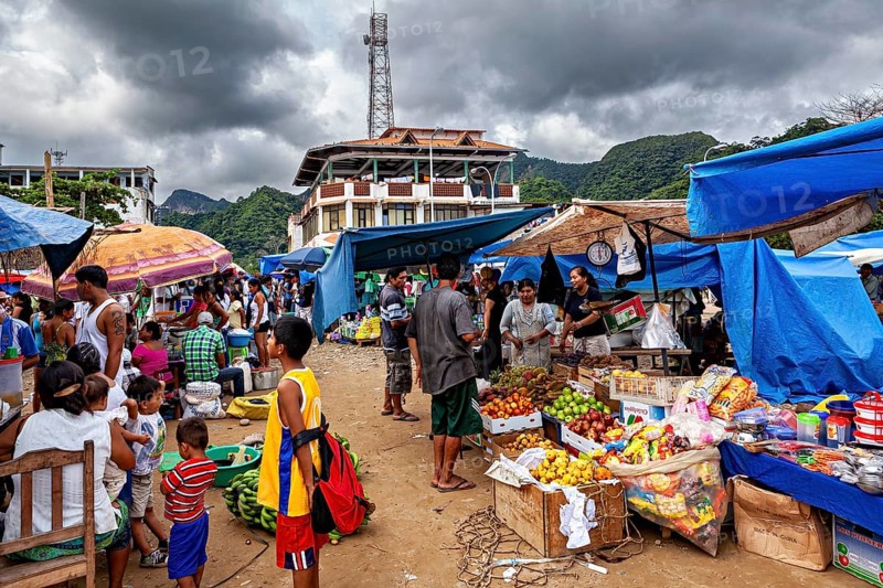 A bustling market with fruit and stalls under ominous clouds and mountain scenery, The Rurrenabaque market in Bolivia