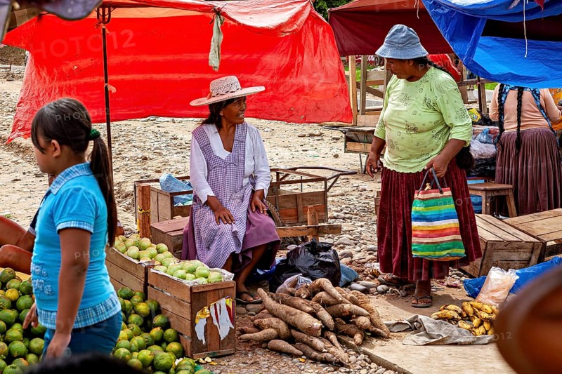 Saleswomen offer local products such as yuca and mangoes under red tarps, The Rurrenabaque market in Bolivia