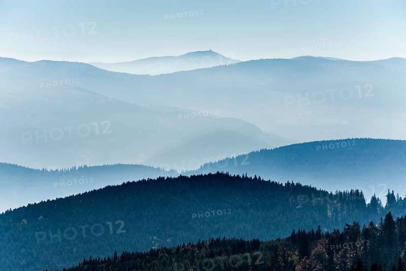 Staggered mountain ranges in haze, at Hohneck, Col de la Schlucht, Vosges, Alsace-Lorraine, Vosges Haut-Rhin Department, France