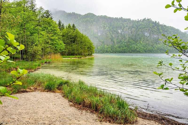 Landscape of Lake Offensee on a rainy day in spring, Salzkammergut, Austria